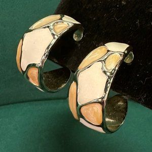 Vintage 1980s Abstract Cream and Beige enameled long crescent hoop earrings